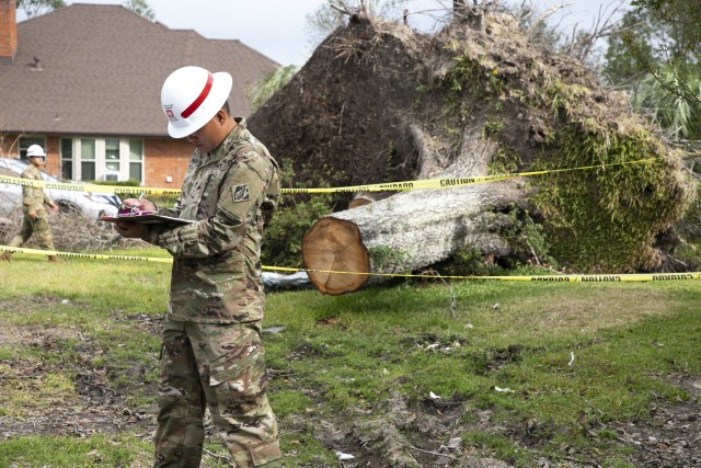 Soldiers from the 249th Engineer Battalion, Fort Bragg, N.C., are supporting the U.S. Army Corps of Engineers assessment of damaged homes, Oct 19. 2020,  after Hurricane Laura devastated the area in Calcasieu Parish. Hurricane Delta hit the area...