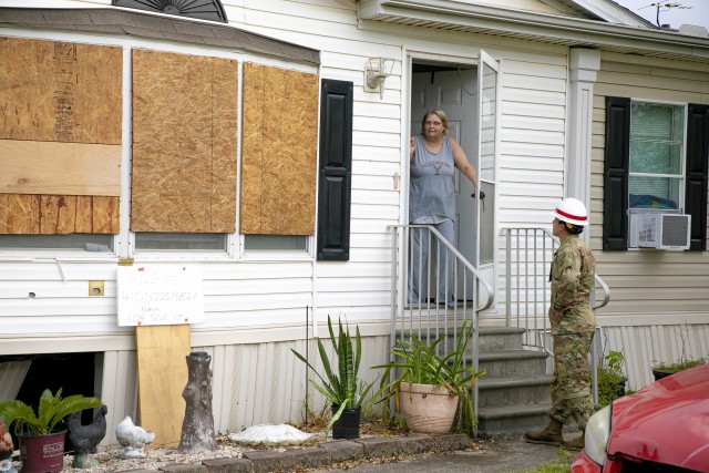 Soldiers from the 249th Engineer Battalion, Fort Bragg, N.C., are supporting the U.S. Army Corps of Engineers assessment of damaged homes, Oct 19. 2020,  after Hurricane Laura devastated the area in Calcasieu Parish. Hurricane Delta hit the area...