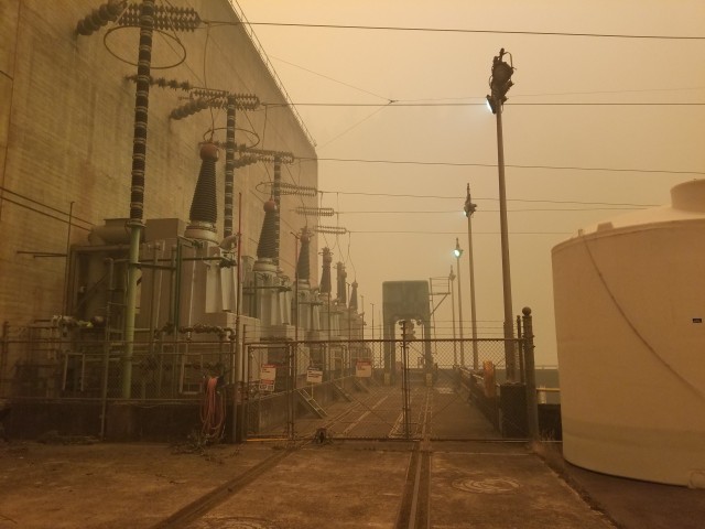 Mike Pomeroy, trapped at Detroit Dam by wildfires, took photos of the facility around the dam, which was surrounded by wildfire smoke.