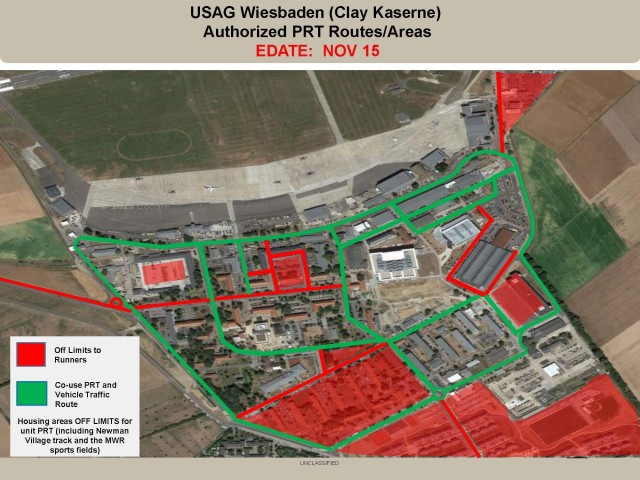 WIESBADEN, Germany - Beginning Nov. 15, drivers will be required to slow down to a maximum speed of 15 kilometers per hour when passing troops conducting physical readiness training between the hours of 6 and 7:30 a.m. Monday to Friday.