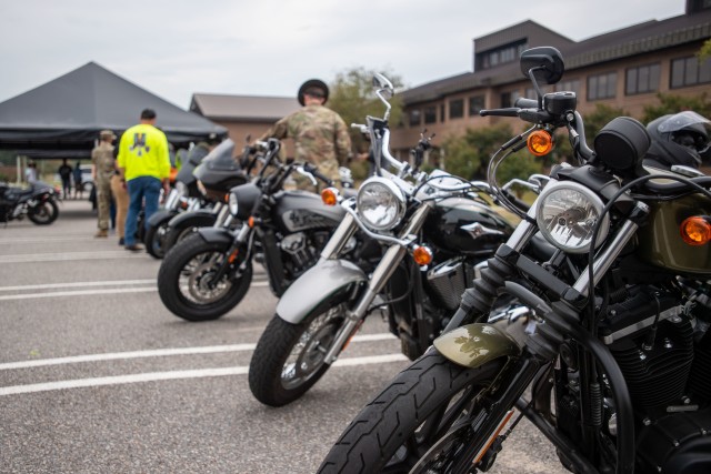 Motorcycles line the parking spaces at the Lightening Rodeo organized as part of the Motorcycle Mentorship Program, Oct. 9.