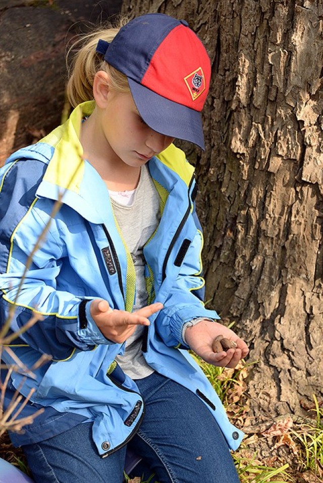 Seven-year-old Elizabeth Prokoph collects pecans at the base of a large pecan tree, near the state champion pecan tree, the destination of a Military Wild hike through the floodplain trail Oct. 17 near Sherman Army Airfield. Photo by Prudence...