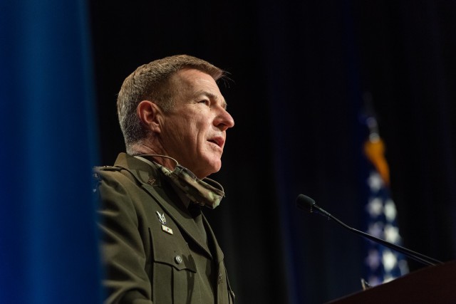 Gen. James C. McConville, the Army’s chief of staff, speaks during a ceremony to honor 28 junior officers who received the Gen. Douglas MacArthur leadership award Oct. 21, 2020, at the Pentagon, Washington, D.C.