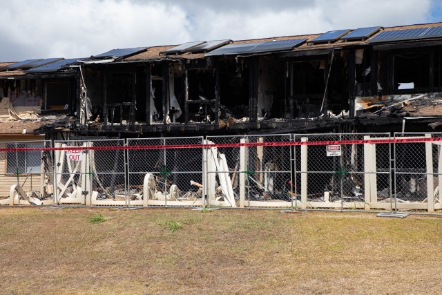 The aftermath of the home fire which took place on Helemano Military Reservation, Hawaii, Sept. 26, 2020. The fire took place on the evening of Sept. 24 and affected a total of six families to varying degrees. (U.S. Army photo by Staff Sgt. Alan Brutus)