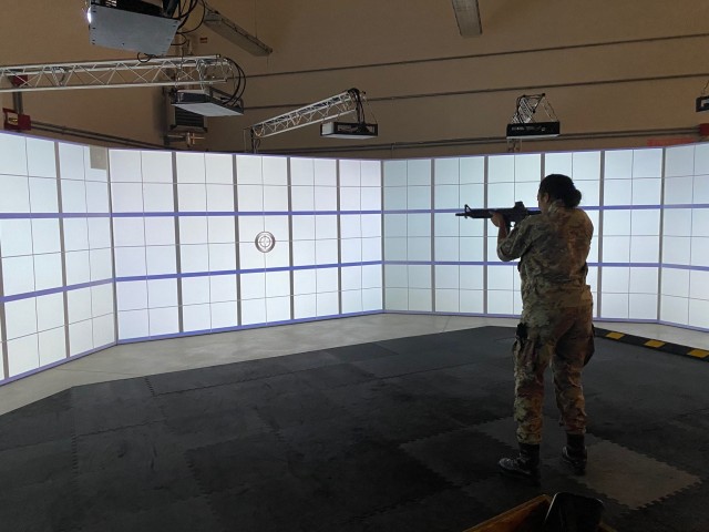 VICENZA, Italy - An Italian army service member of the Multinational Civil-Military Cooperation Group stationed at the town of Motta di Livenza practices speed target acquisition in a 220-degree scenario on Caserma Del Din Oct. 1, 2020. The...