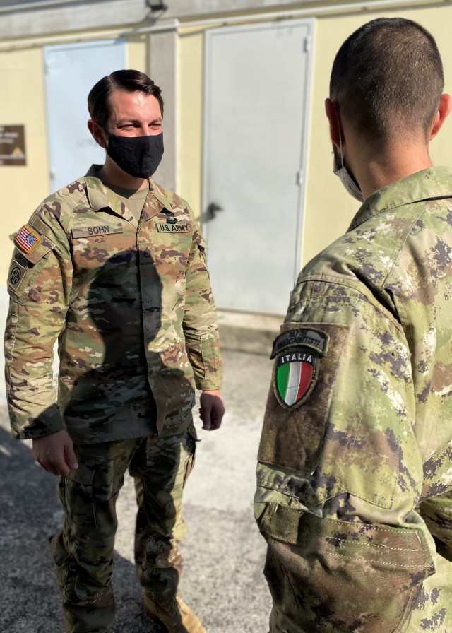 VICENZA, Italy - Staff Sgt. Nicholas R. Sohn, targeting non-commissioned officer instructor with the 173rd Airborne Brigade Combat Team (Infantry), shares impressions on a “Call for Fire” training session on Caserma Ederle with a...