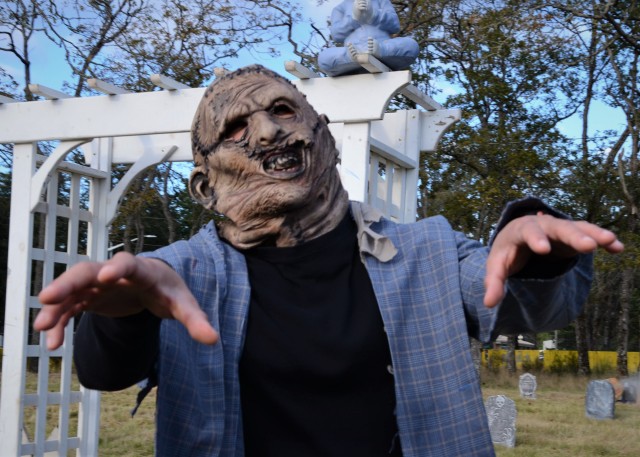 JBLM BOSS volunteers scare guests during a frightfully fun, COVID-friendly Haunted, Crooked Trail event Oct. 24.