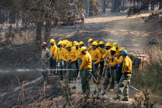 Soldiers with the 14th Brigade Engineer Battalion, from Joint Base Lewis-McChord, Washington learn and execute proper fire hose techniques near Stonyford, California on Wednesday, Sept. 2, 2020. The 14th BEB deployed over 200 Soldiers in support...