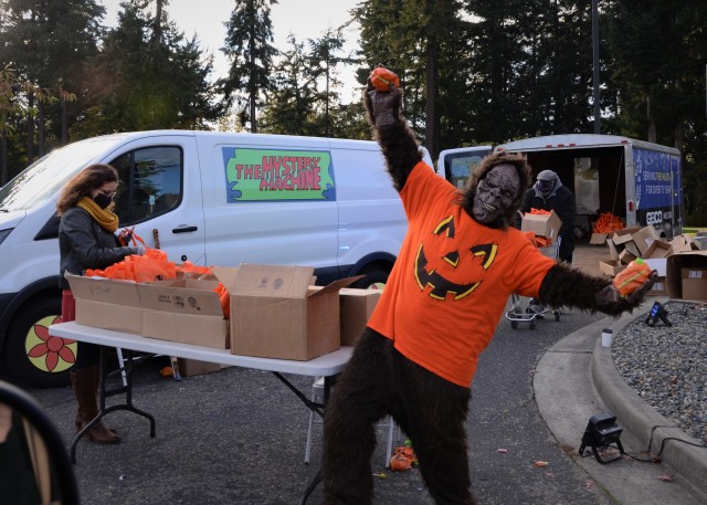 JBLM BOSS volunteers scare guests during a frightfully fun, COVID-friendly Haunted, Crooked Trail event Oct. 24.