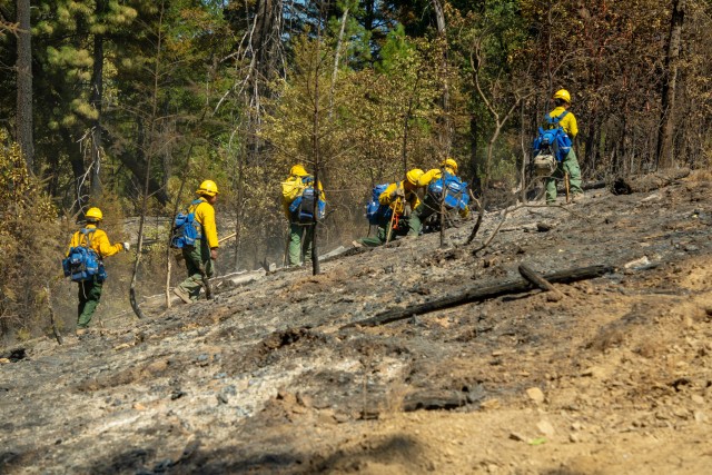 A group from Rugged 10, a hand crew of 22 Soldiers with the 14th Brigade Engineer Battalion, Joint Base Lewis-McChord, Washington, grid and search for hotspots in Mendocino National Forest, Nothern California, Friday, Sept. 4, 2020. Gridding...