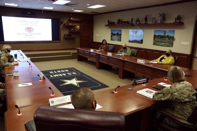 Lt. Gen. Laura J. Richardson, U.S. Army North (Fifth Army) commander and Joint Base San Antonio-Fort Sam Houston and Camp Bullis senior commander, receives a “Your Voice Matters” listening tour in-brief from Army Staff personnel, at Joint Base San Antonio-Fort Sam Houston, Oct. 21, 2020. The in-brief defined the purpose of the listening sessions and the information collection process The Army will use data collected from the voluntary and confidential sessions to determine whether installation or Army-wide policies need to be reviewed, revised and/or updated based on systemic or institutional trends. 