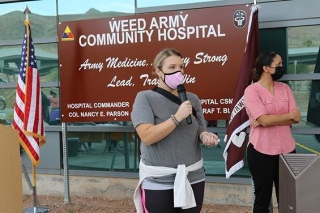 Capt. Megan Jensen, a clinical staff nurse with Weed Army Community Hospital, goes over route and safety information with participants in the Breast Cancer Awareness 5k Run/Walk October 24 hosted by Weed ACH at Fort Irwin, Calif. (U.S. Army photo by Kimberly Hackbarth, Weed ACH Public Affairs Office)