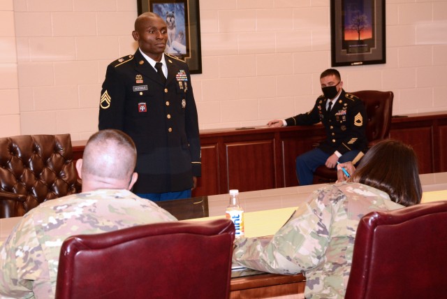 FORT LEE, VA - West African native Staff Sgt. Koku Adzoble was the first candidate to step before the Military General Knowledge Board in the Logistics Training Department conference room Oct. 26, during the first event of five in the...
