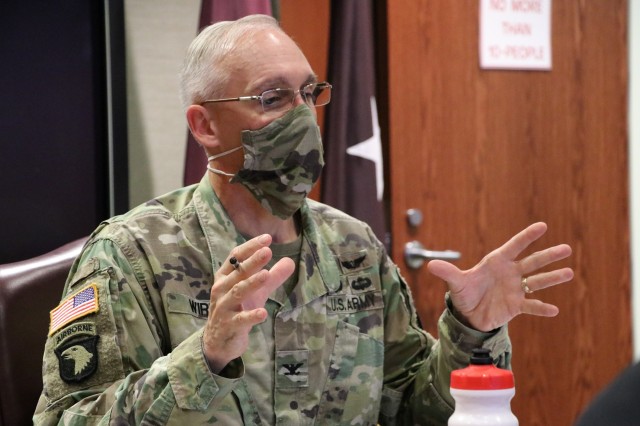 U.S. Army Col. Michael Wirt, Deputy Commanding Officer, Brooke Army Medical Center, prepares to answer COVID-19 questions during a video teleconference with Argentine Army doctors, Oct. 21, 2020. Wirt was part of a BAMC panel of medical...
