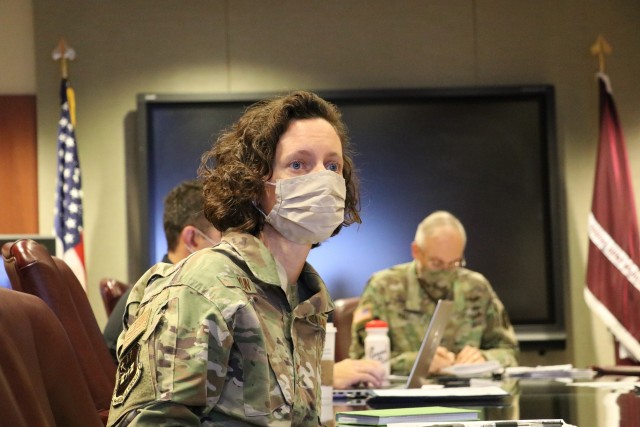 U.S. Air Force Col. Heather Yun, Deputy Commander for Medical Services, Brooke Army Medical Center, answers COVID-19 questions during a video teleconference with Argentine Army doctors, Oct. 21, 2020. Yun was part of a BAMC panel of medical...
