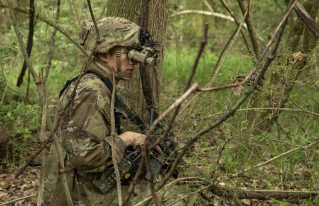 A U.S. Army Cavalry scout wears the enhanced night vision goggle-binocular, or ENVG,  while pulling security duty during training at Fort Polk, La., June 17. The ENVG is one of three items of equipment the Army is working with industry to develop to give its troops a winning edge in close combat. The other items are a high-tech goggle that gives Soldiers a wealth of real-time battlefield information, and a more lethal rifle. All three are outlined in a video by members of the Army&#39;s Soldier Lethality Cross-Functional Team.