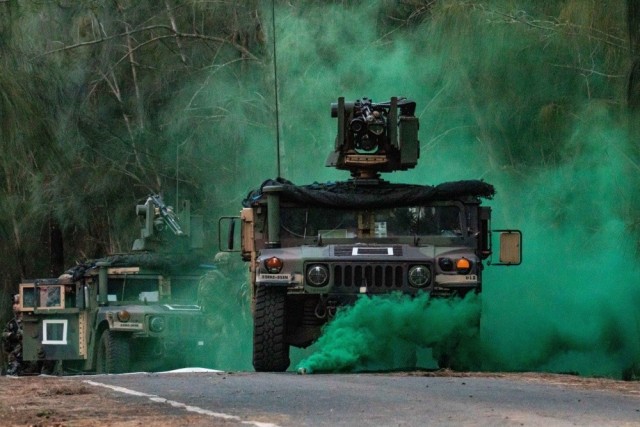 Soldiers assigned to 3rd Infantry Brigade Combat Team, 25th Infantry Division support 2nd IBCT and Royal Thai Army soldiers as the opposing force during Exercise Lightning Forge 2020 at the Kahuku Training Area, Hawaii, July 15, 2020. Lightning...