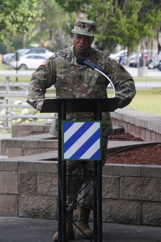 Command Sgt. Maj. Jean Milice, the incoming senior enlisted advisor for Headquarters and Headquarters Battalion, 3rd Infantry Division, addresses attendees during a change of responsibility ceremony at Marne Garden on Fort Stewart, Ga., Oct. 23, 2020. Milice assumed responsibility from Command Sgt. Maj. Paulette Abraham, who is retiring after more than 30 years of service.