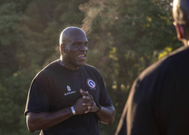 Command Sgt. Maj. Bernard P. Smalls, senior enlisted advisor, 1st Theater Sustainment Command (TSC) speaks to a group of senior non-commissioned officers after an Army Combat Fitness Test (ACFT) training session July 14, 2020 in Fort Knox, Ky....