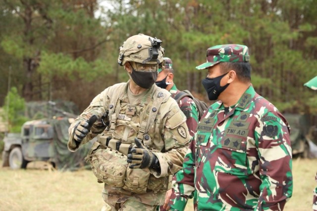 Col. Neal Mayo, commander of 2nd Brigade, 25th Infantry Division, discusses the importance of maintaining a partnership with the Indonesian Army with its Vice Chief of Staff Lt. Gen. Moch Fachrudin during an exercise at the Joint Readiness...