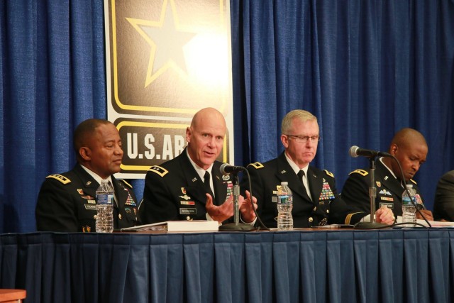 Then-Maj. Gen. John Morrison (center) attends a panel discussion on Oct. 5, 2016. Morrison, now a lieutenant general, said he plans to posture the Army&#39;s signal and cyber forces for multi-domain operations as the deputy chief of staff of G-6 during a media briefing on Oct. 27, 2020. The Army recently split the former dual Chief Information Officer/G-6 position into two separate offices: the deputy chief of staff, G-6 and the CIO. (U.S. Army)
