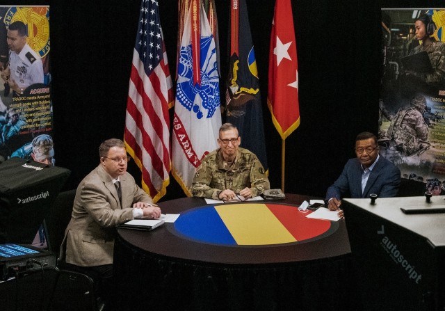 Lt. Gen. (Ret.) Thomas Bostick (right) joins Lt. Gen. Ted Martin, Deputy Commanding General and Chief of Staff of U.S. Army Training and Doctrine Command (middle) and Jim Hoeft, Chief of Command Information, TRADOC Communication Directorate at the...