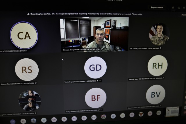 The 311th SC (T) leadership along with its subordinate units are using CVR Microsoft Teams to help strengthen the TIMS culture during the COVID-19 pandemic. Select Squad Leaders between the ranks of sergeant to staff sergeant from across the theater participate in hour-long talks every month to highlight and share best practices with peers and other leaders. (Official U.S. Army photo by Marc Ayalin)