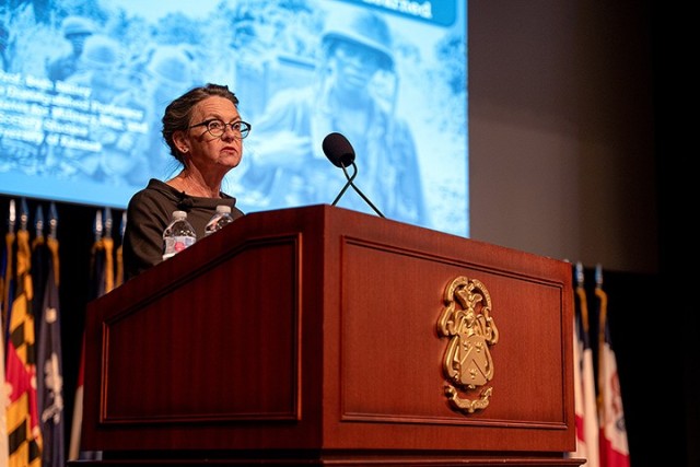 Dr. Beth Bailey, history professor at the University of Kansas, talks with senior leaders about racial history and lessons learned during a webinar Oct. 23 at the Lewis and Clark Center. The webinar is part of a leader professional development...