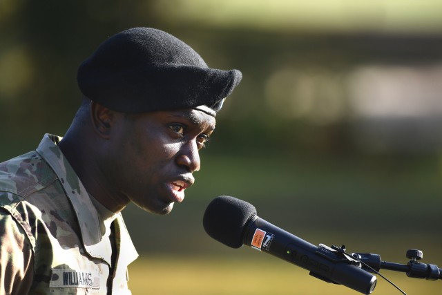 Garrison Command Sgt. Maj. Algrish C. Williams Sr., speaks during his assumption of responsibility ceremony Oct .23 at Victory Field.