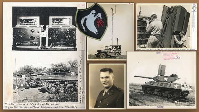 The 10th Mountain Division and Fort Drum Museum staff is working on a future exhibit to highlight the Army Experimental Station and the training of sonic deception Soldiers during World War II.  Photos, clockwise from top left: Magnetic wire audio recorders used to record sound such as tank engine noises at Pine Camp; the Ghost Army patch; a mobile weather station on an Army jeep; Personnel testing the distance of sound projection at the Army Experimental Station, Pine Camp; an M-10 Tank Destroyer with sonic projection equipment; retired Lt. Col. Darrel Rippeteau, when he served as a Signal Corps captain at the Army Experimental Station in 1944. (10th Mountain Division and Fort Drum Museum archive)