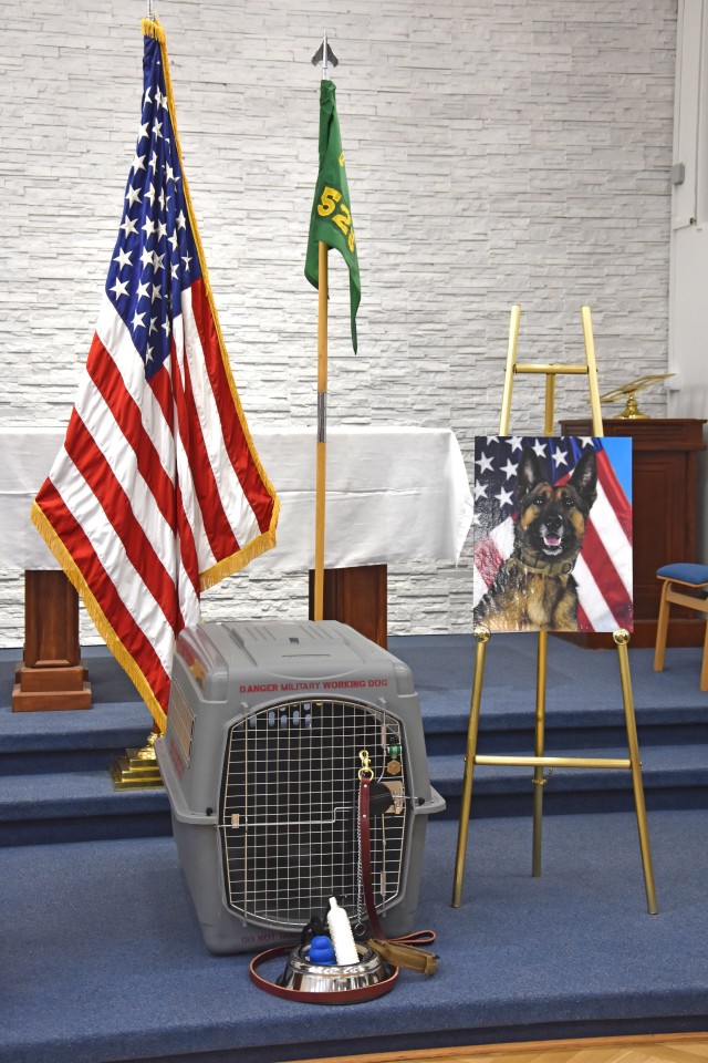 WIESABDEN, Germany - A memorial for Military Working Dog Diana is displayed at the front of the Clay Chapel Oct. 30. Diana, a 4-year-old patrol explosive dog (enhanced), passed away unexpectedly Oct. 16.