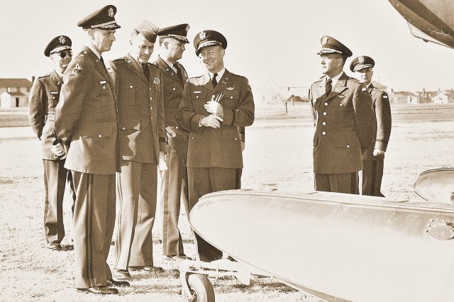 Army Gen. Hamilton Howze speaks with Maj. Gen. Bogardus Snowden &#34;Bugs&#34; Cairns, namesake of Cairns Army Airfield in the 1950s.