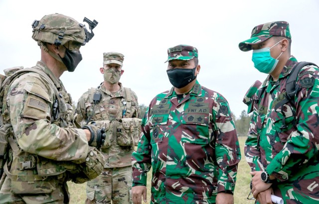 Col. Neal Mayo, commander, 2nd Brigade, 25th Infantry Division (left), Brig. Gen. David Doyle, commanding general, Joint Readiness Training Center and Fort Polk (second from left) and  Vice Chief of Staff of the Indonesian Army, Lt. Gen. Moch...
