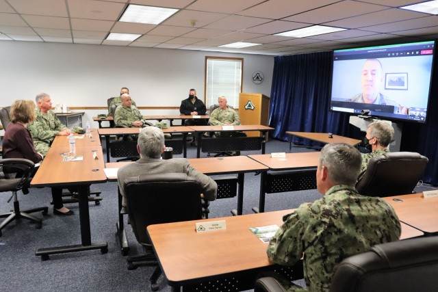 Assistant Secretary of the Navy (Manpower and Reserve Affairs) Catherine Kessmeier and Vice Adm. John Nowell, Jr., Chief of Naval Personnel (CNP), participate in a socially distanced meeting with Fort McCoy Deputy to the Garrison Commander Brad...