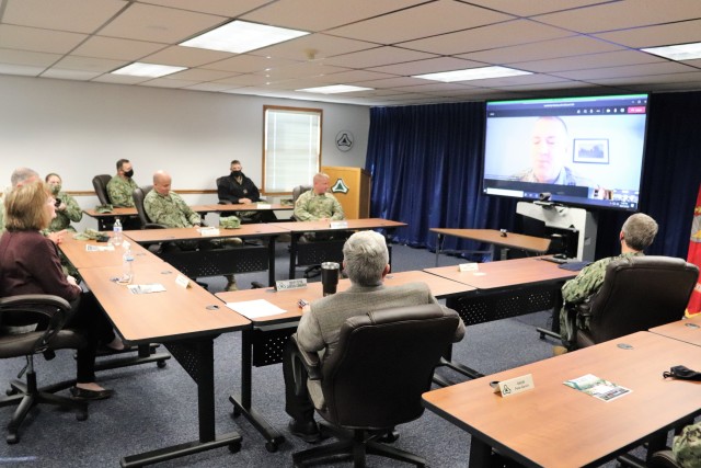 Assistant Secretary of the Navy (Manpower and Reserve Affairs) Catherine Kessmeier and Vice Adm. John Nowell, Jr., Chief of Naval Personnel (CNP), participate in a socially distanced meeting with Fort McCoy Deputy to the Garrison Commander Brad...