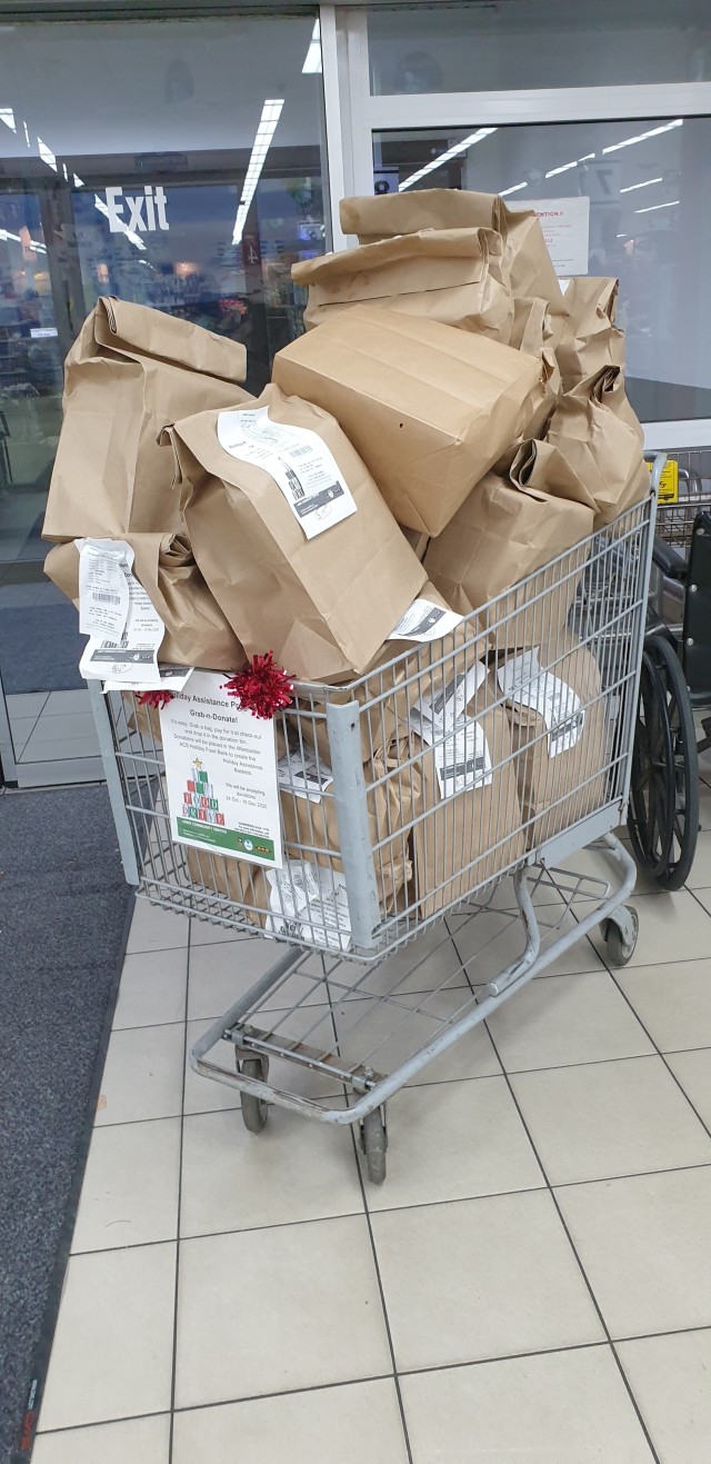 Members of Army Community Service, the Commander’s Ready and Resilient Council Family/Social Working Group, the Sergeant Morales Club and the 66th Military Intelligence Brigade bagged 1,500 food items, filling 11 carts in support of the Holiday...