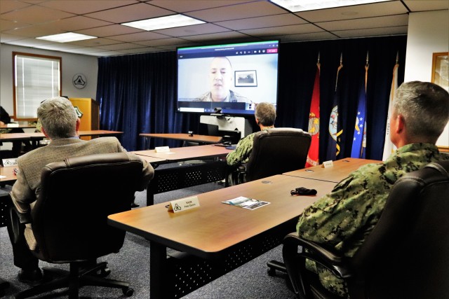Assistant Secretary of the Navy (Manpower and Reserve Affairs) Catherine Kessmeier and Vice Adm. John Nowell, Jr., Chief of Naval Personnel (CNP), participate in a socially distanced meeting with Fort McCoy Deputy to the Garrison Commander Brad...