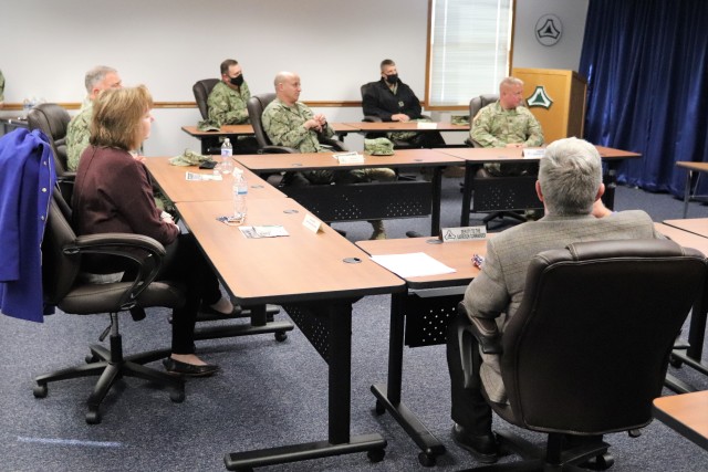 Assistant Secretary of the Navy (Manpower and Reserve Affairs) Catherine Kessmeier and Vice Adm. John Nowell, Jr., Chief of Naval Personnel (CNP), participate in a socially distanced meeting with Fort McCoy Deputy to the Garrison Commander Brad...
