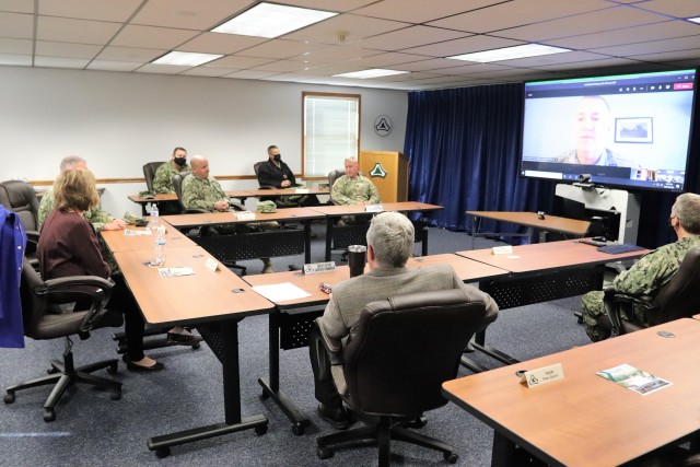 Assistant Secretary of the Navy (Manpower and Reserve Affairs) Catherine Kessmeier and Vice Adm. John Nowell, Jr., Chief of Naval Personnel (CNP), participate in a socially distanced meeting with Fort McCoy Deputy to the Garrison Commander Brad...