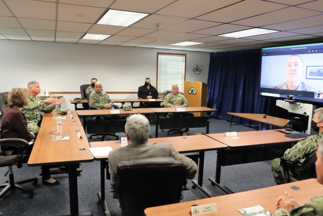 Assistant Secretary of the Navy (Manpower and Reserve Affairs) Catherine Kessmeier and Vice Adm. John Nowell, Jr., Chief of Naval Personnel (CNP), participate in a socially distanced meeting with Fort McCoy Deputy to the Garrison Commander Brad...