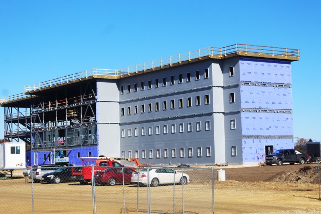 An area of the 1600 block of the cantonment area of the installation is shown Oct. 30, 2020, where a new multi-million dollar barracks is being built at Fort McCoy, Wis. Contractor L.S. Black Constructors was awarded a $20.6 million contract to build the barracks in September 2019. The planned completion date is currently August 2021. The planned barracks will be different than the traditional barracks that are located throughout the installation. This new building will be four stories and be able to house 400 people in approximately 60,000 square feet. The project also is the first of eight new buildings planned for the entire 1600 block. The plan is to build three more barracks with the same specifications, three 20,000-square-foot brigade headquarters buildings, and one 160-room officer quarters. This is an Army Corps of Engineers-managed project. (U.S. Army Photo by Scott T. Sturkol, Public Affairs Office, Fort McCoy, Wis.)