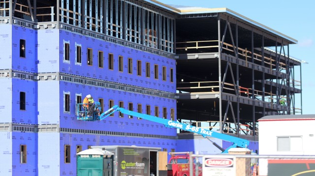 An area of the 1600 block of the cantonment area of the installation is shown Oct. 15, 2020, where a new multi-million dollar barracks is being built at Fort McCoy, Wis. Contractor L.S. Black Constructors was awarded a $20.6 million contract to build the barracks in September 2019. The planned completion date is currently August 2021. The planned barracks will be different than the traditional barracks that are located throughout the installation. This new building will be four stories and be able to house 400 people in approximately 60,000 square feet. The project also is the first of eight new buildings planned for the entire 1600 block. The plan is to build three more barracks with the same specifications, three 20,000-square-foot brigade headquarters buildings, and one 160-room officer quarters. This is an Army Corps of Engineers-managed project. (U.S. Army Photo by Scott T. Sturkol, Public Affairs Office, Fort McCoy, Wis.)