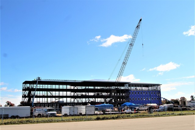 An area of the 1600 block of the cantonment area of the installation is shown Oct. 15, 2020, where a new multi-million dollar barracks is being built at Fort McCoy, Wis. Contractor L.S. Black Constructors was awarded a $20.6 million contract to build the barracks in September 2019. The planned completion date is currently August 2021. The planned barracks will be different than the traditional barracks that are located throughout the installation. This new building will be four stories and be able to house 400 people in approximately 60,000 square feet. The project also is the first of eight new buildings planned for the entire 1600 block. The plan is to build three more barracks with the same specifications, three 20,000-square-foot brigade headquarters buildings, and one 160-room officer quarters. This is an Army Corps of Engineers-managed project. (U.S. Army Photo by Scott T. Sturkol, Public Affairs Office, Fort McCoy, Wis.)