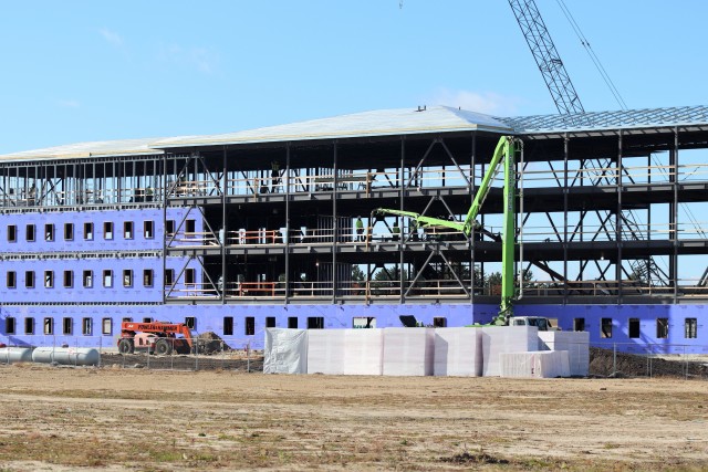 An area of the 1600 block of the cantonment area of the installation is shown Oct. 15, 2020, where a new multi-million dollar barracks is being built at Fort McCoy, Wis. Contractor L.S. Black Constructors was awarded a $20.6 million contract to build the barracks in September 2019. The planned completion date is currently August 2021. The planned barracks will be different than the traditional barracks that are located throughout the installation. This new building will be four stories and be able to house 400 people in approximately 60,000 square feet. The project also is the first of eight new buildings planned for the entire 1600 block. The plan is to build three more barracks with the same specifications, three 20,000-square-foot brigade headquarters buildings, and one 160-room officer quarters. This is an Army Corps of Engineers-managed project. (U.S. Army Photo by Scott T. Sturkol, Public Affairs Office, Fort McCoy, Wis.)