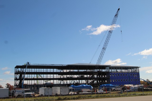 An area of the 1600 block of the cantonment area of the installation is shown Oct. 15, 2020, where a new multi-million dollar barracks is being built at Fort McCoy, Wis. Contractor L.S. Black Constructors was awarded a $20.6 million contract to build the barracks in September 2019. The planned completion date is currently August 2021. The planned barracks will be different than the traditional barracks that are located throughout the installation. This new building will be four stories and be able to house 400 people in approximately 60,000 square feet. The project also is the first of eight new buildings planned for the entire 1600 block. The plan is to build three more barracks with the same specifications, three 20,000-square-foot brigade headquarters buildings, and one 160-room officer quarters. This is an Army Corps of Engineers-managed project. (U.S. Army Photo by Scott T. Sturkol, Public Affairs Office, Fort McCoy, Wis.)