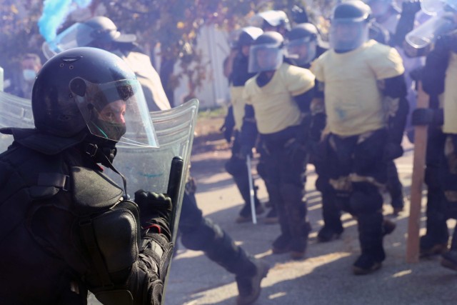 A soldier from the NATO-led Kosovo Force participates in a civil disturbance training exercise Oct. 29, 2020 at a Kosovo Security Force camp near Gjakova/Dakovica, Kosovo. The training exercise was part of ongoing KFOR training initiatives designed to increase interoperability among nearly one dozen multinational organizations within KFOR. In the event that a civil disturbance anywhere in Kosovo can no longer be controlled by local police and becomes dangerous to community members, KFOR troops may be called upon to provide assistance. All KFOR troops are responsible for ensuring a safe and secure environment for all community members in Kosovo in accordance with the United Nations Security Council Resolution 1244. (U.S. Army National Guard photo by Spc. Miguel Ruiz)