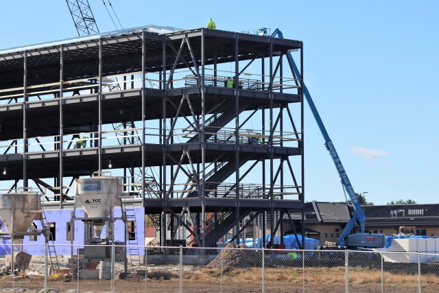 An area of the 1600 block of the cantonment area of the installation is shown Oct. 15, 2020, where a new multi-million dollar barracks is being built at Fort McCoy, Wis. Contractor L.S. Black Constructors was awarded a $20.6 million contract to build the barracks in September 2019. The planned completion date is currently August 2021. The planned barracks will be different than the traditional barracks that are located throughout the installation. This new building will be four stories and be able to house 400 people in approximately 60,000 square feet. The project also is the first of eight new buildings planned for the entire 1600 block. The plan is to build three more barracks with the same specifications, three 20,000-square-foot brigade headquarters buildings, and one 160-room officer quarters. This is an Army Corps of Engineers-managed project. (U.S. Army Photo by Scott T. Sturkol, Public Affairs Office, Fort McCoy, Wis.)