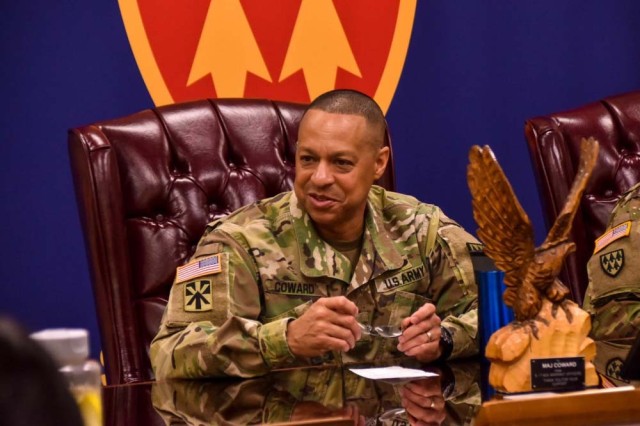 Army Maj. Gen. Clement S. Coward Jr., speaks with 32d Army Air and Missile Defense Command warrant officers during professional development training for leaders in El Paso, Texas, Feb. 7, 2019.