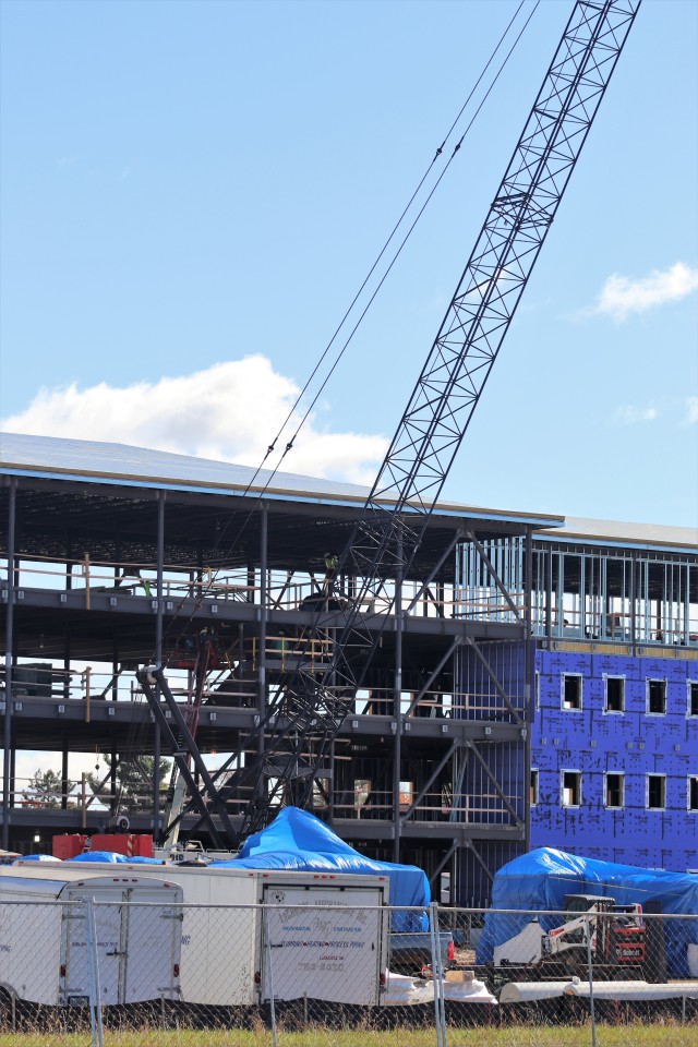 An area of the 1600 block of the cantonment area of the installation is shown Oct. 15, 2020, where a new multi-million dollar barracks is being built at Fort McCoy, Wis. Contractor L.S. Black Constructors was awarded a $20.6 million contract to build the barracks in September 2019. The planned completion date is currently August 2021. The planned barracks will be different than the traditional barracks that are located throughout the installation. This new building will be four stories and be able to house 400 people in approximately 60,000 square feet. The project also is the first of eight new buildings planned for the entire 1600 block. The plan is to build three more barracks with the same specifications, three 20,000-square-foot brigade headquarters buildings, and one 160-room officer quarters. This is an Army Corps of Engineers-managed project. (U.S. Army Photo by Scott T. Sturkol, Public Affairs Office, Fort McCoy, Wis.)