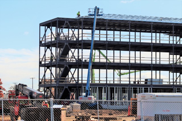 An area of the 1600 block of the cantonment area of the installation is shown Oct. 15, 2020, where a new multi-million dollar barracks is being built at Fort McCoy, Wis. Contractor L.S. Black Constructors was awarded a $20.6 million contract to build the barracks in September 2019. The planned completion date is currently August 2021. The planned barracks will be different than the traditional barracks that are located throughout the installation. This new building will be four stories and be able to house 400 people in approximately 60,000 square feet. The project also is the first of eight new buildings planned for the entire 1600 block. The plan is to build three more barracks with the same specifications, three 20,000-square-foot brigade headquarters buildings, and one 160-room officer quarters. This is an Army Corps of Engineers-managed project. (U.S. Army Photo by Scott T. Sturkol, Public Affairs Office, Fort McCoy, Wis.)